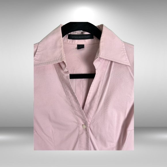 Express Design Studio V-Neck Pink Stretchy Long Sleeve Button-Down Shirt - Picture 3 of 4